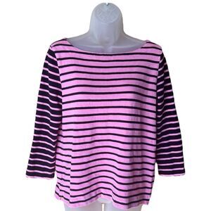 Loft Pink/Black Contrasting Striped Top Sz M 3/4 Sleeves Boat Neck Pullover